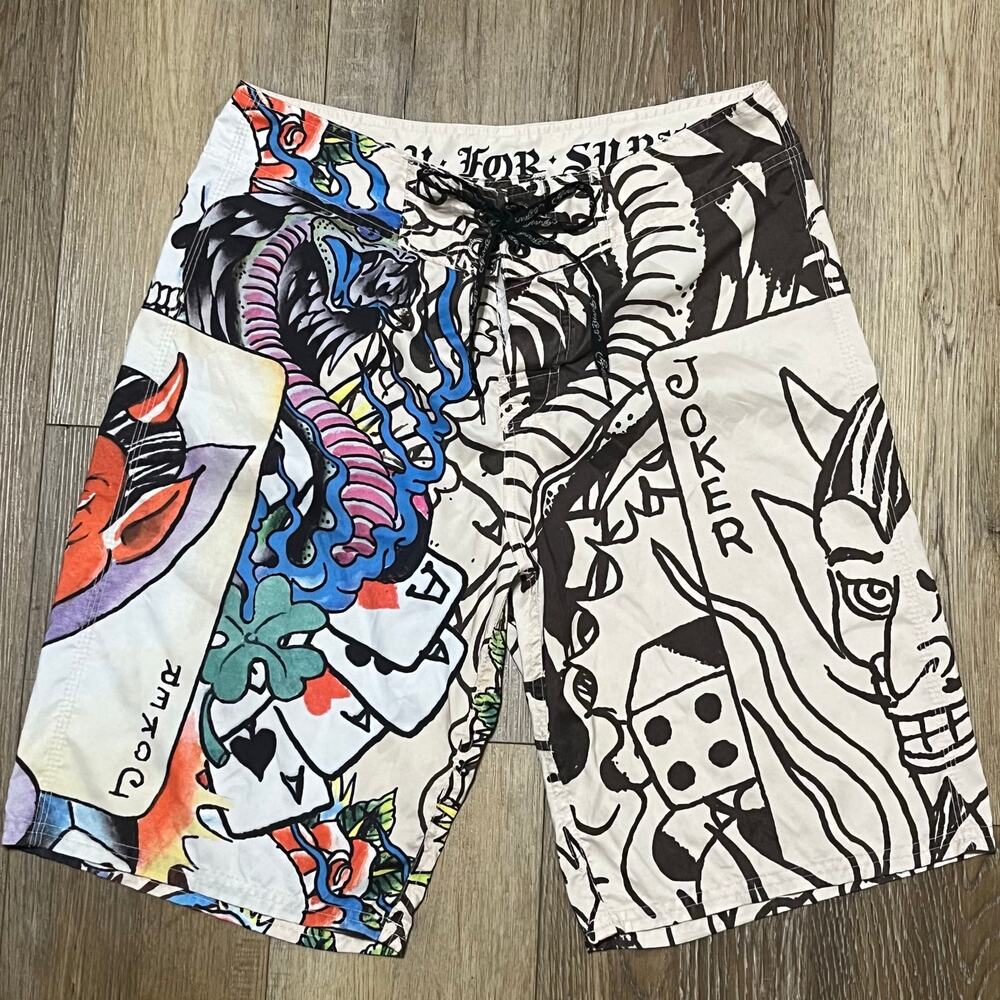 Vtg Y2K Ed Hardy Board Shorts Sz 32 Pray For Surf Skull Joker Devil Snake Tattoo